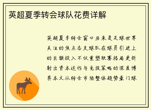 英超夏季转会球队花费详解