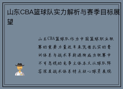 山东CBA篮球队实力解析与赛季目标展望